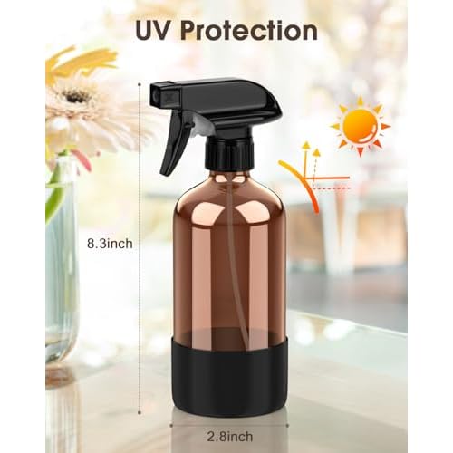 Bontip Glass Spray Bottle with Silicone Sleeve Protection, Amber Glass Spray Bottle Set for Window Cleaner Aromatherapy Facial Hydration Watering Flowers Hair Care 2 Pack/16 oz (Black & Brown)