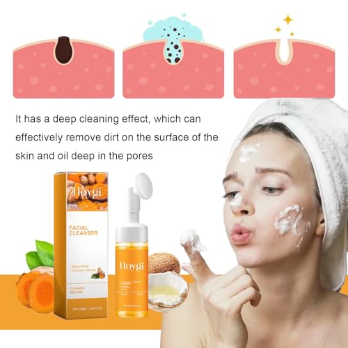 HOYGI Turmeric Face Wash with Brush - 1 Pack, Foaming Facial Cleanser for All Skin Types, 3.38 Fl Oz