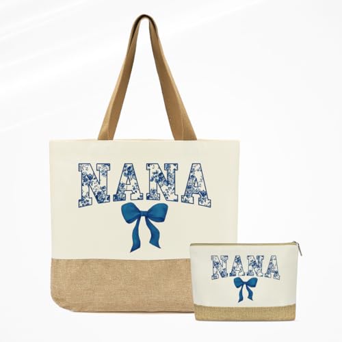 Reusable Blue Floral Tote Bag & Makeup Bag for Grandma - Travel & Shopping Gift