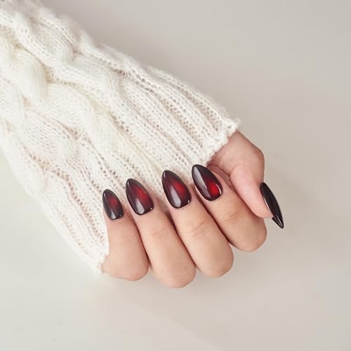 Nailique Short Almond Press On Nails - Handmade Black Red Cat Eye Soft Gel