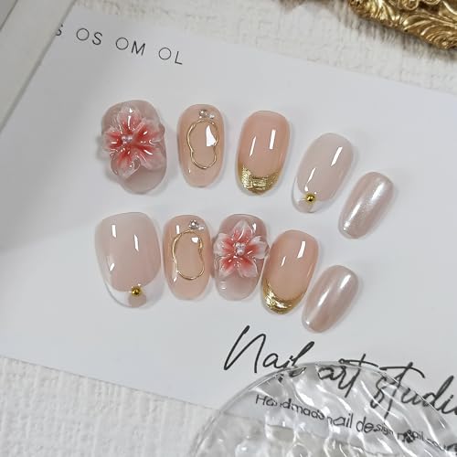 Short Oval Press on Nails - Nude Pink with 3D Floral Embellishments (S)
