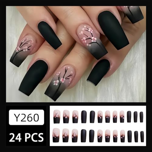 CEWEWP A1 Fall Pink Black Gradient Coffin Press-On Nails 24pcs - Medium, Glossy, Full Cover, Pink Flowers Design