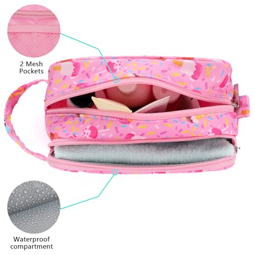 Foxstory Kids Toiletry Bag for Girls Candy Pink Travel Waterproof Hanging Cosmetic Bag for Toddlers