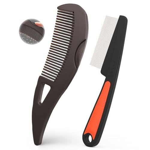 Self-Cleaning Dandruff Comb 2-Pack Set, Hollow Teeth Button-Release Scalp Detox, Fine Tooth 0.5mm & 2mm for Nits Buildup Removal, Women Men Kids, Stainless Steel Ergonomic Anti-Slip Hair Care Tool