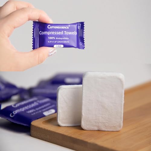 Cottonessence 30 Pack Premium Compressed Cotton Towels Travel Wipes, Individually Wrapped, 9.4 x 11.8 inches