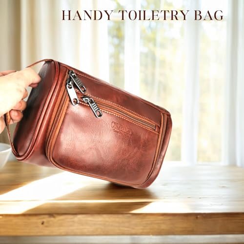 Cumbanho Men's Travel Toiletry Bag, Large PU Leather Dopp Kit - Mocha Brown