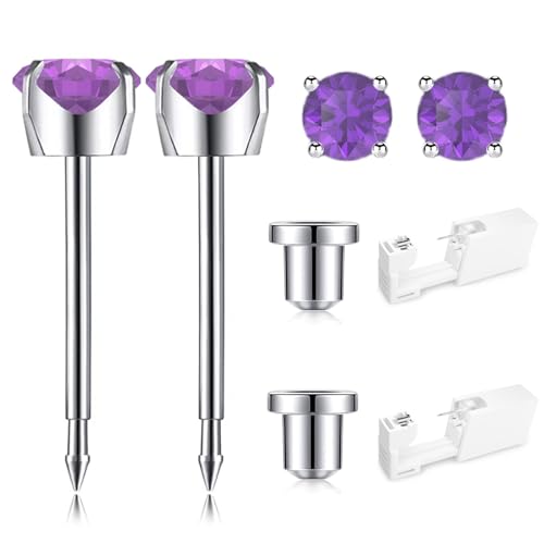 Amethyst Ear Piercing Kit with CZ Studs, Disposable Gun for Professional & Home Use