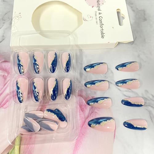 Blue Marble Gold Foil Press On Nails - Medium Almond Shape, 24 Pcs