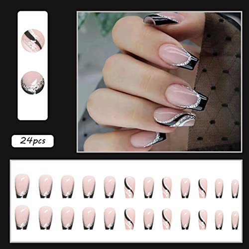 24PCS Medium Square Press-On Nails with Silver Glitter French Tips