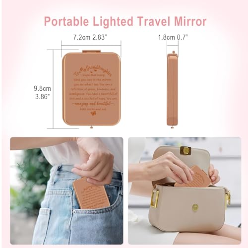 To My Granddaughter Lighted Compact Mirror - Engraved Pocket Makeup Mirror with 3 Color LED Lights - Gift from Grandma