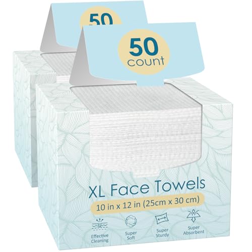 Fygrip 2 Pack of 50 XL Disposable Face Towels 10x12 Inches, Soft & Thick, Double Sided for Face & Skin Care