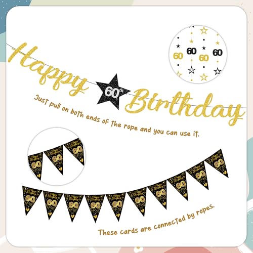 60th Birthday Decorations Set - Black Gold Banner & Swirls