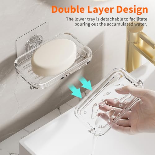 Self-Draining Soap Dish Holder 2 Pack - Wall Mounted, Clear Plastic