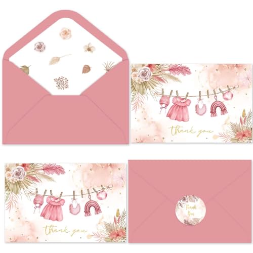 50 Pack Pink Baby Shower Thank You Cards with Envelopes & Stickers