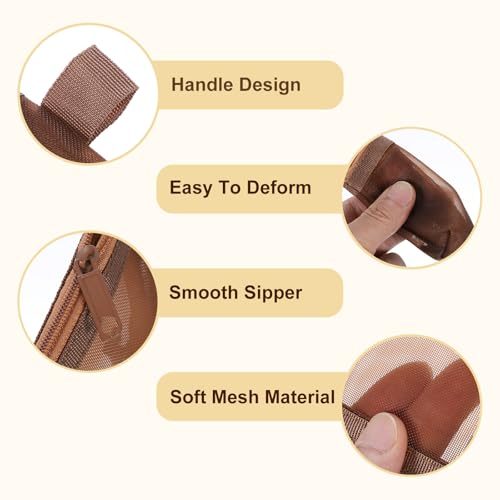 uxcell Mini Zipper Mesh Bag 3" x 5" - Brown Cosmetic Pouch (5 Pcs)