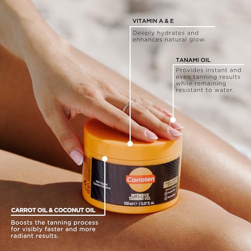 Carroten Intensive Tanning Gel | Browning Tan Accelerator | Non-Greasy, Water-Resistant with Carrot and Coconut Oil | Vitamin A & E For Moisture & Hydration | Made in Greece | 5 oz + Spatula