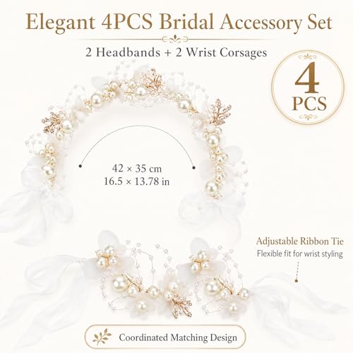 Bridal Pearl & Rhinestone Headband and Wrist Corsage Set - 2-Piece