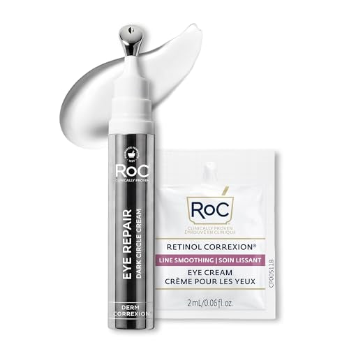 RoC Derm Correxion Retinol Eye Repair Dark Circle Cream Treatment with Niacinamide, Resveratrol, Proxygen for Puffy Eyes, Wrinkles, and Crow's Feet + Line Smoothing Eye Packette