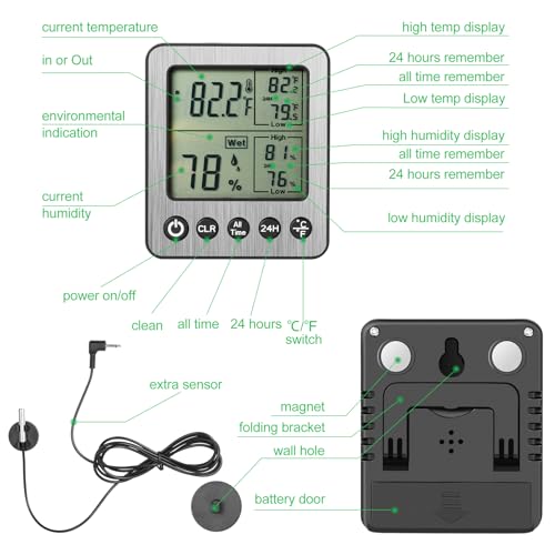 VLEJEARI Digital Dual Channel Thermometer Hygrometer with Detachable Probe