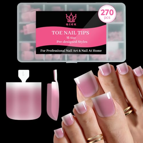 QIEK Graduated Pink French Tip Press On Toenails - 270 Pcs Square