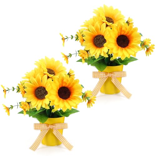 2 Pack Small Artificial Sunflower Potted Plants - Rustic Home Decor