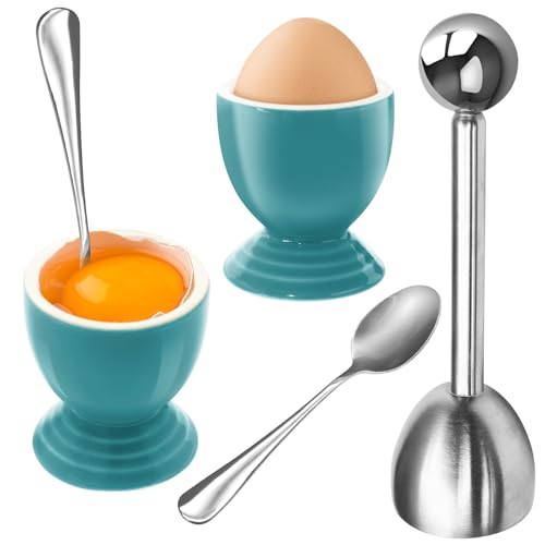 Caribbean Egg Serving Set | 2 Ceramic Cups, Egg Cutter & Spoons