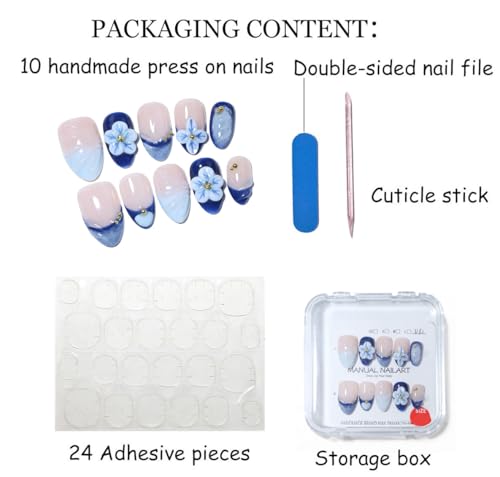 Handmade Short Almond Press-On Nails - 3D Floral Ocean Style (Size XS)