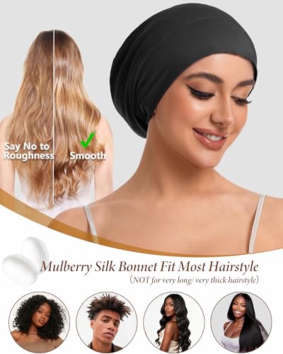 ROYBENS Medium Black 100% Mulberry Silk Sleeping Bonnet for Hair Care