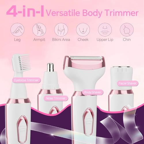 Women's Electric Razor Bikini Trimmer, 4-in-1 Cordless Shaver for Face, Legs, Underarms, Pubic Hair ? Wet/Dry Use, Painless Hair Removal