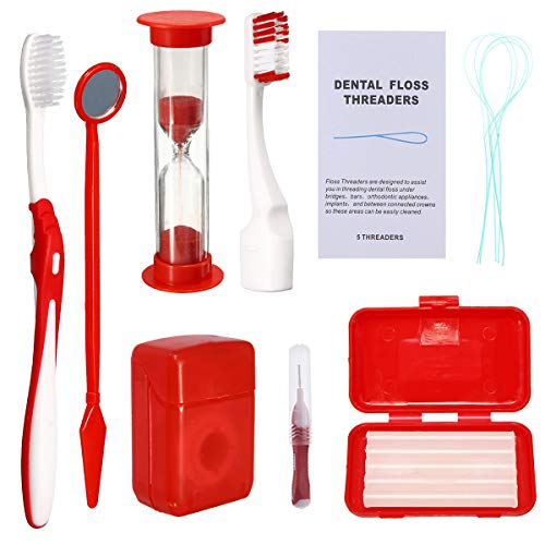 Ceonam Red Orthodontic & Dental Braces Cleaning Travel Kit with Floss & Mirror