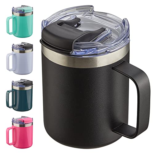 12oz Insulated Travel Coffee Mug with Handle - Black Stainless Steel Tumbler