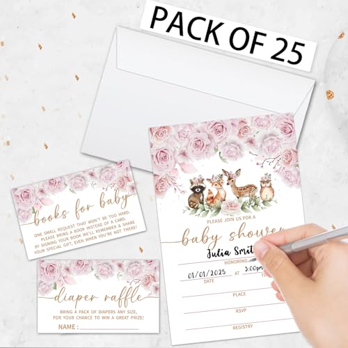 Floral Woodland Baby Shower Invitations Set - 25 Cards & Envelopes