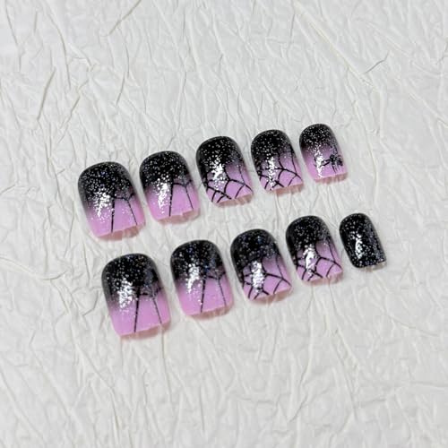 RIICFDD Halloween Short Square Spider Web Glitter Fake Nails - Halloween Nails 2