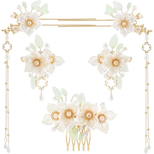 Camelia 5pcs Flower Tassel Hairpins for Women, Retro Crystal Pearl Hair Clips, Hanfu Wedding Bridal Accessories
