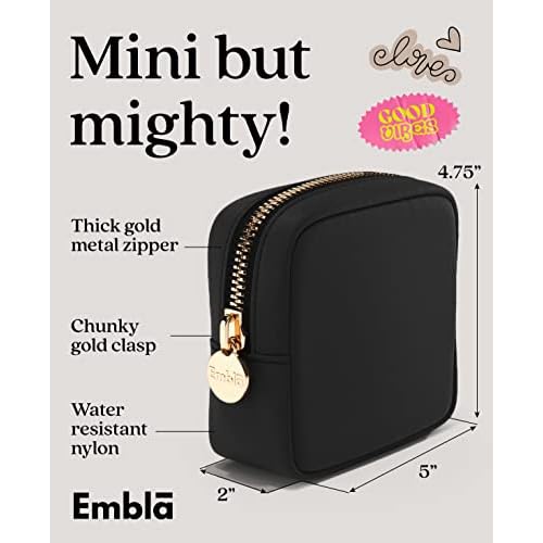 Embla Small Makeup Bag for Purse, Mini Waterproof Nylon Cosmetic Pouch, Durable and Lightweight Travel Toiletry Bag with Smooth Zipper, Black