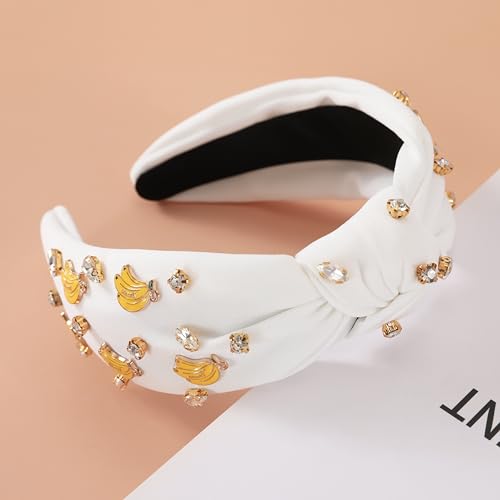 Banana White Headband for Women - Rhinestone Top Knot Hairband