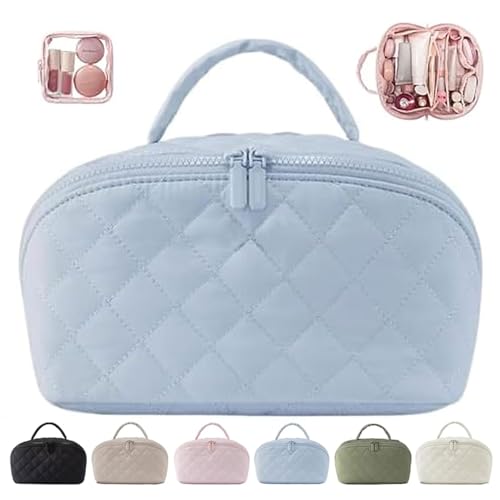MINGRI Blue Quilted Makeup Bag Set - 180° Lay-Flat Design, 7 Compartments