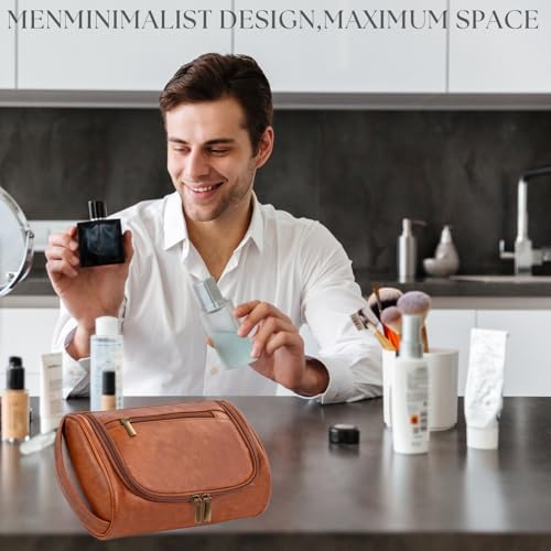 Cumbanho Compact Men's Toiletry Bag - Water-Resistant PU Leather Dopp Kit, Brown