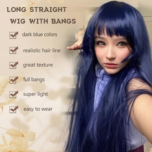 Long Straight Blue Wig with Bangs - Heat Resistant Synthetic Hair