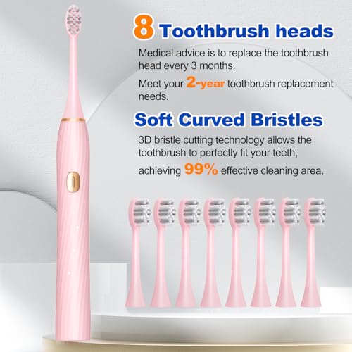 FXQQZZ Electric Toothbrush for Adults and Kids - Rose, 8 Brush Heads & Tongue Scraper