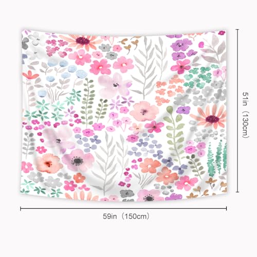 Purple Floral Tapestry - Watercolor Flowers Wall Hanging, 59x51 Inch
