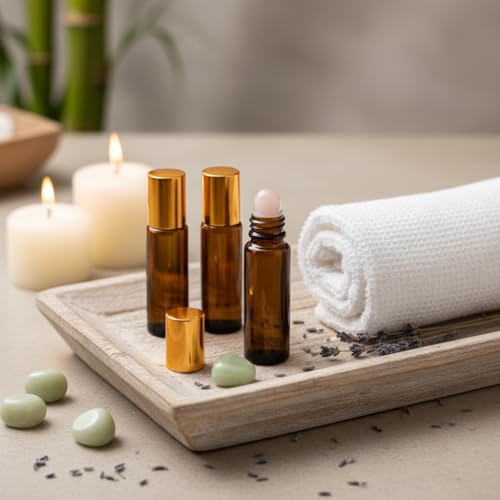 4 Pack Rose Quartz Roller Bottles - 10ml Amber Glass Essential Oil Kit