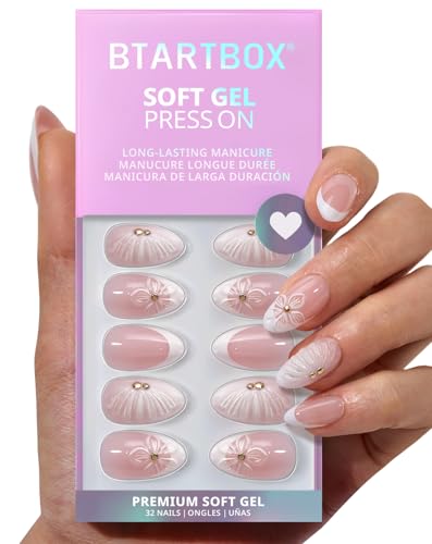 BTArtbox Dew-Kissed Bud Short Almond French Tip Fake Nails - 32Ct, Salon Natural Look