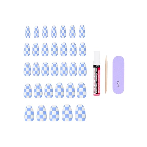 KISS Core Press On Nails - Blue Almond Shape, Medium Size, 32 Nails & Glue