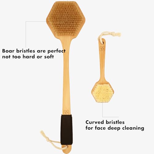 17.72 Inch Back & Face Body Brush Set with Natural Wild Boar & Synthetic Bristles – Dual Deep-Cleaning Exfoliating Set with Gift Box