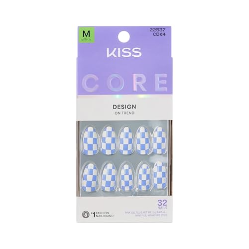 KISS Core Press On Nails - Blue Almond Shape, Medium Size, 32 Nails & Glue