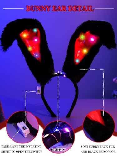 Aceorna Light Up Bunny Ears Headband - Black/Red LED Glow Hair Hoop for Women