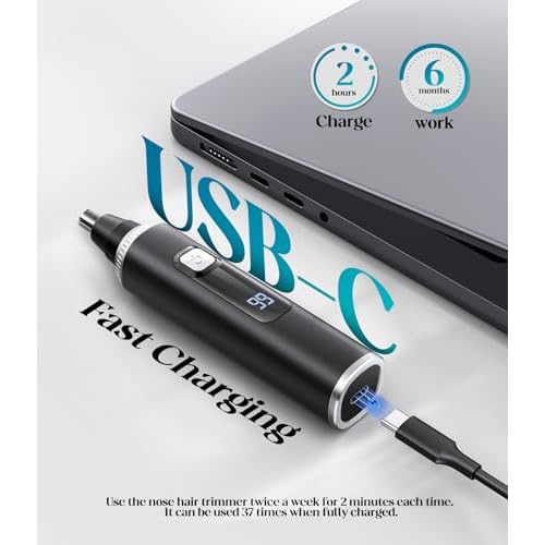 Nose Hair Trimmer for Men and Women, Type-C Rechargeable Precision Groomer with Double-Edged Blades, Painless & IPX7 Waterproof Design for Nose, Ears, Eyebrows and Facial Hair - Black