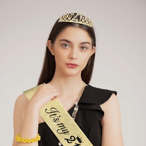 CAVETEE 21st Birthday Crown and Sash Set for Women