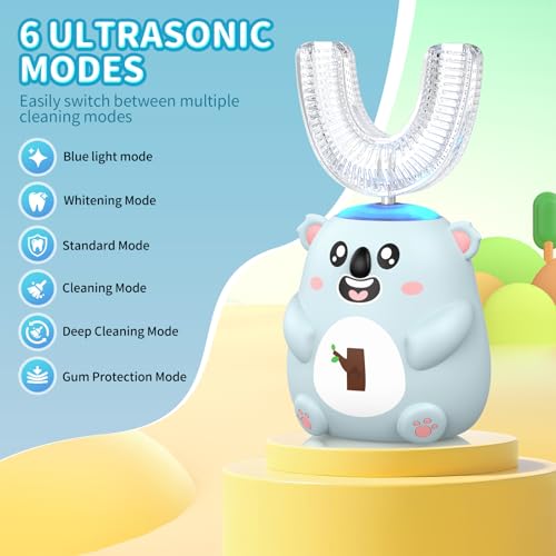 Kids Electric Toothbrush - U-Shaped Sonic Cleaning, 6 Modes, 4 Heads, Cute Koala Design (2-6 Age, Grey Blue)
